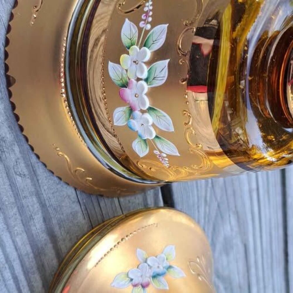 Antique BOHEMIAN Gold Gilt ENAMEL Amber Glass PEDESTAL Candy Jar Dish W/Lid - Picture 8 of 9